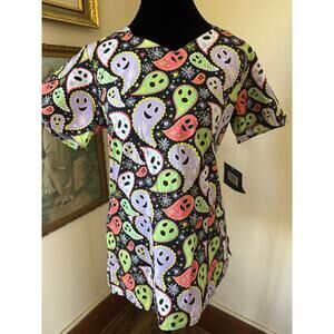 NWT Zoe + Chloe Halloween Scrub Top Ghost Print XS V Neck